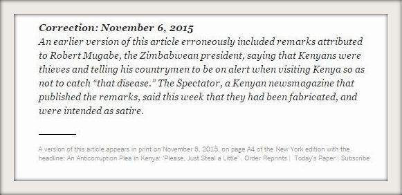 A retraction from the NYT to the ealier inclusion of the fabricated remark. Source: New York Times, November 6, 2015.