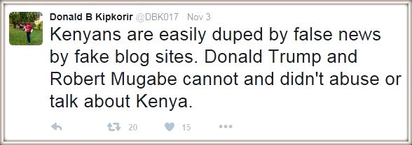 Unlike Zimbabweans, Kenyans are gullible and prone to manipulation by mischievous bloggers. Source: Twitter, November 3, 2015